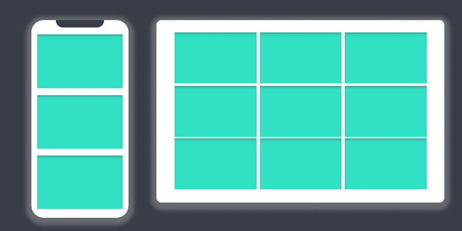 Comparison of mobile and desktop layout. The mobile layout follows the default browser flow layout while the desktop implements a grid layout