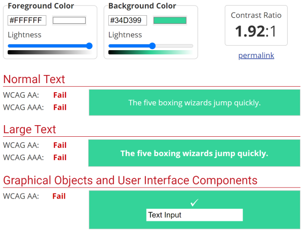 A contrast ratio of 1.92:1 which fails all contrast checks