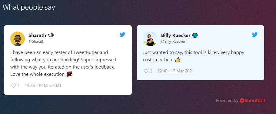 Twitter Butler testimonials section